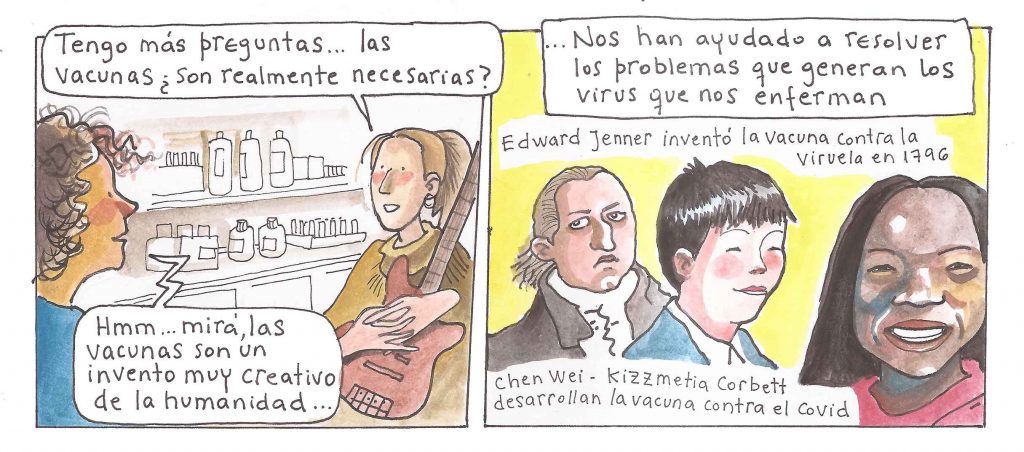 Extracto de tira de cómic donde Andrea Gamarnik y Clara Cantore hablan sobre las vacunas
